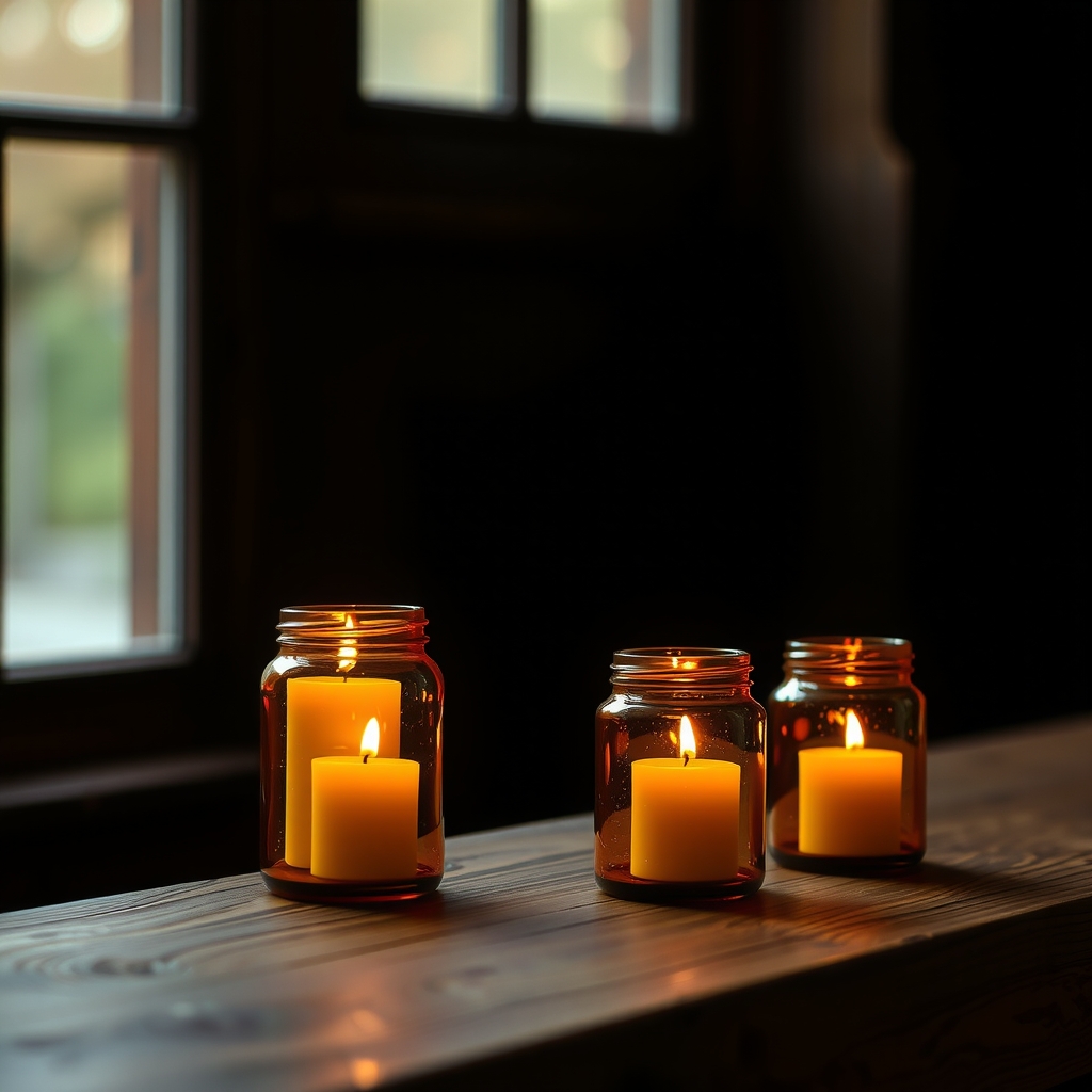 Hand-poured candles glowing warmly in glass jars